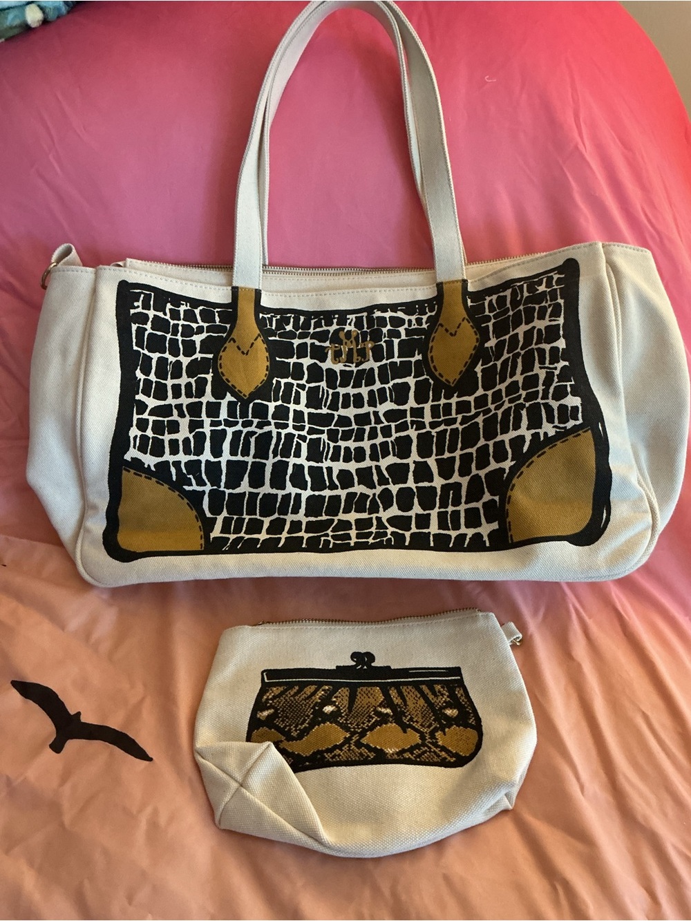 The Martin Project TMP Croc Print Canvas Tote Bag w Cosmetic Bag